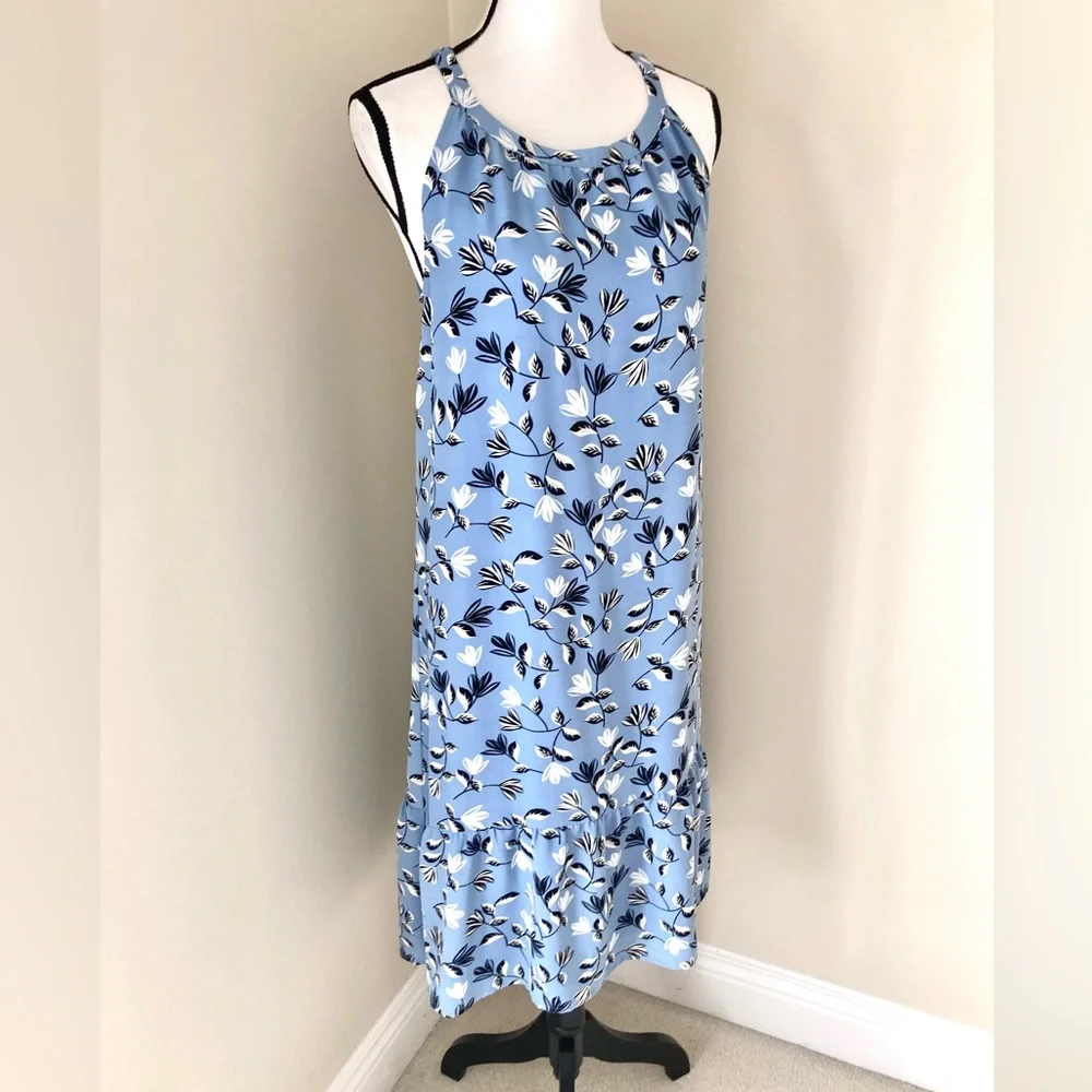 J Jill Wearever Floral Blue Flounce Hem Dress Size M